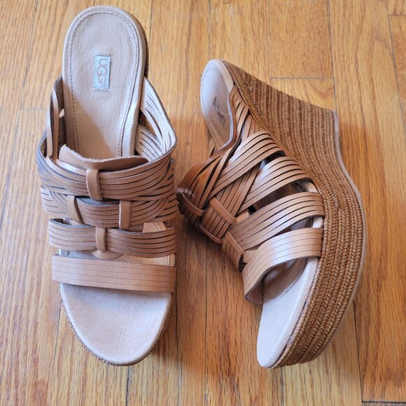 UGG 7.5 Leather Strappy Woven Wedge Heels 100712 MELINDA Suntan Cognac Espadrill - Picture 1 of 8